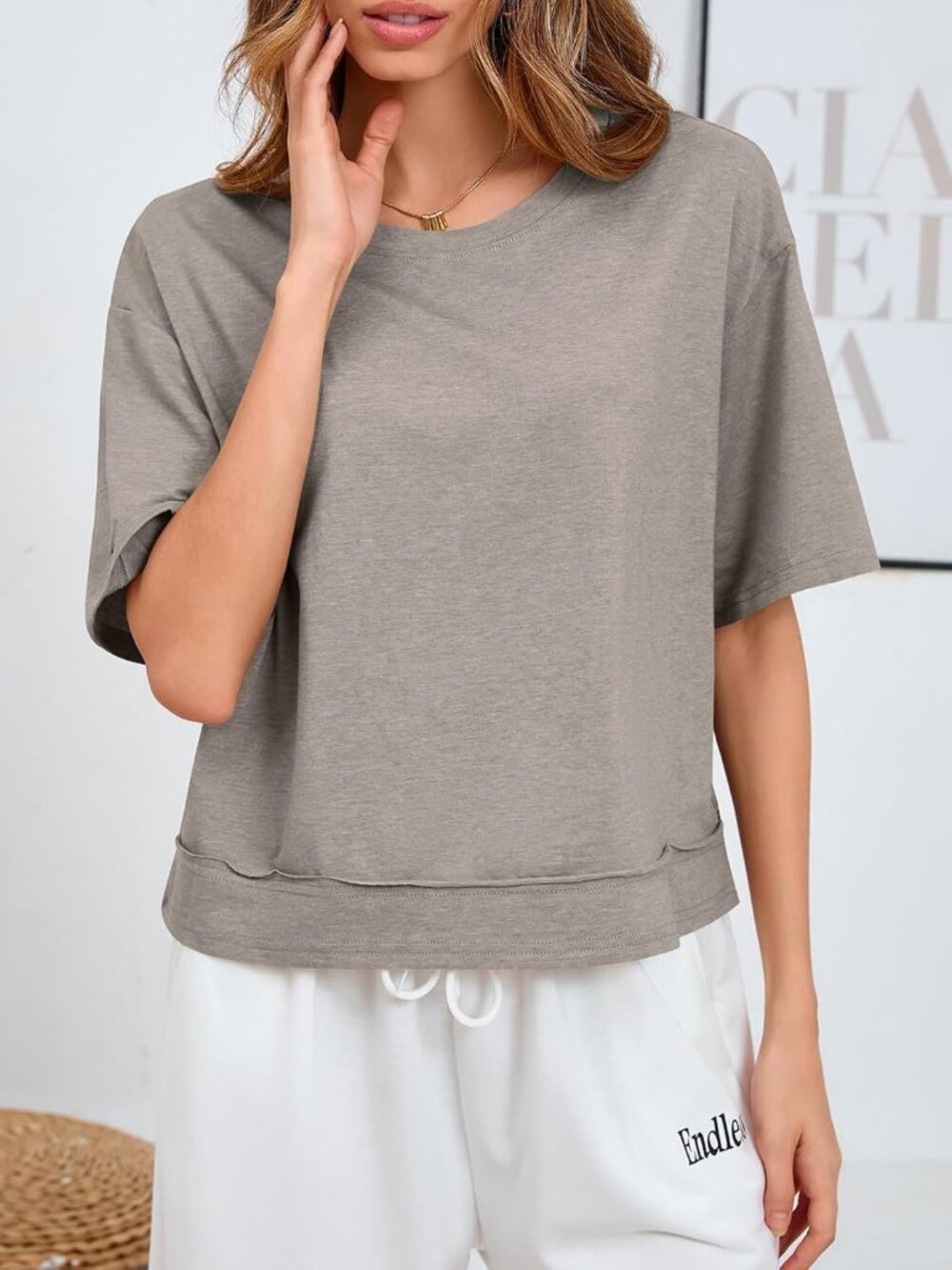 Women's Light Brown Crew Neck Short Sleeve Cropped T Shirt Loose Fit Casual Top - Picture 3 of 5